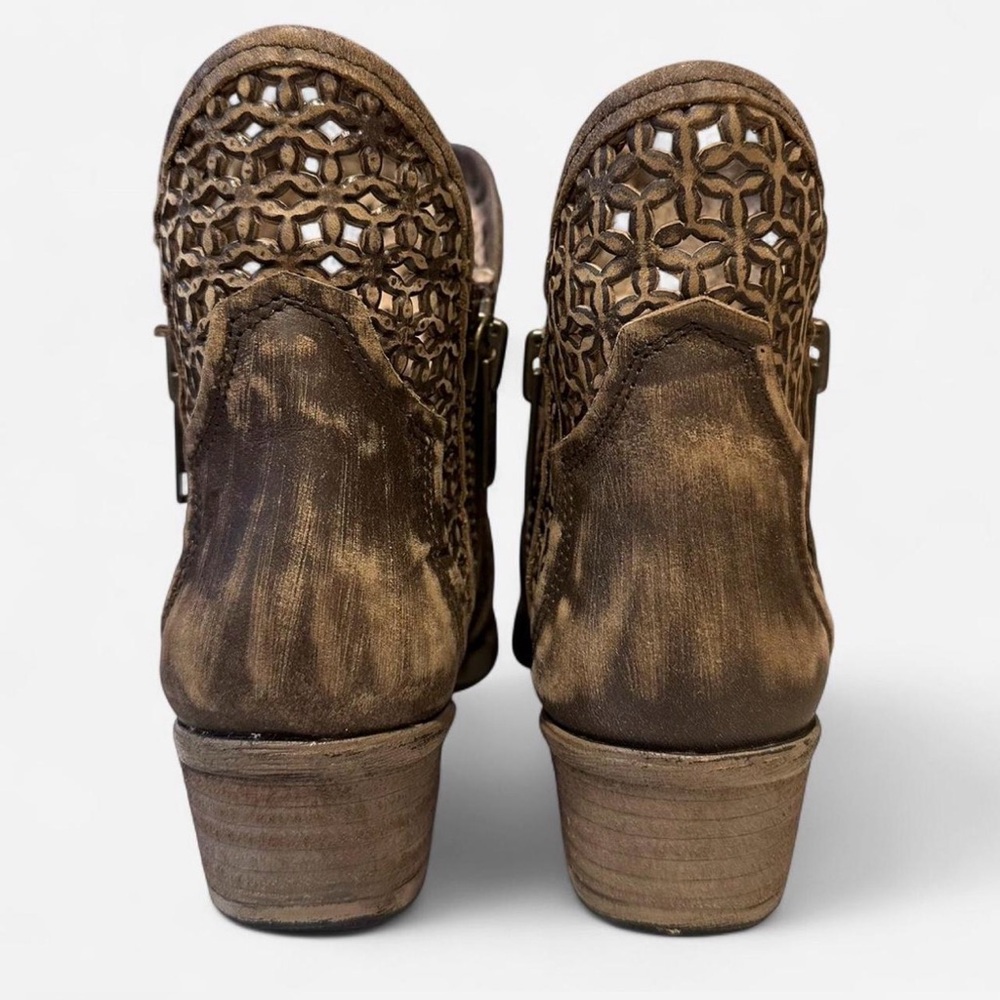 Women's Brown Perforated Leather Ankle Boots with Side Zip - Picture 6 of 7